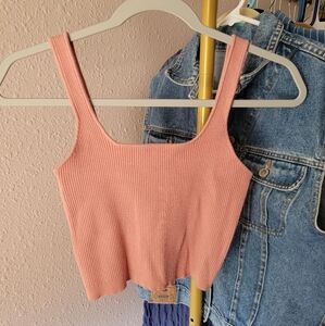 Say What? Y2k Soft Peachy Pink Coral Rib Knit Square Neck Cropped Tank Top 00s